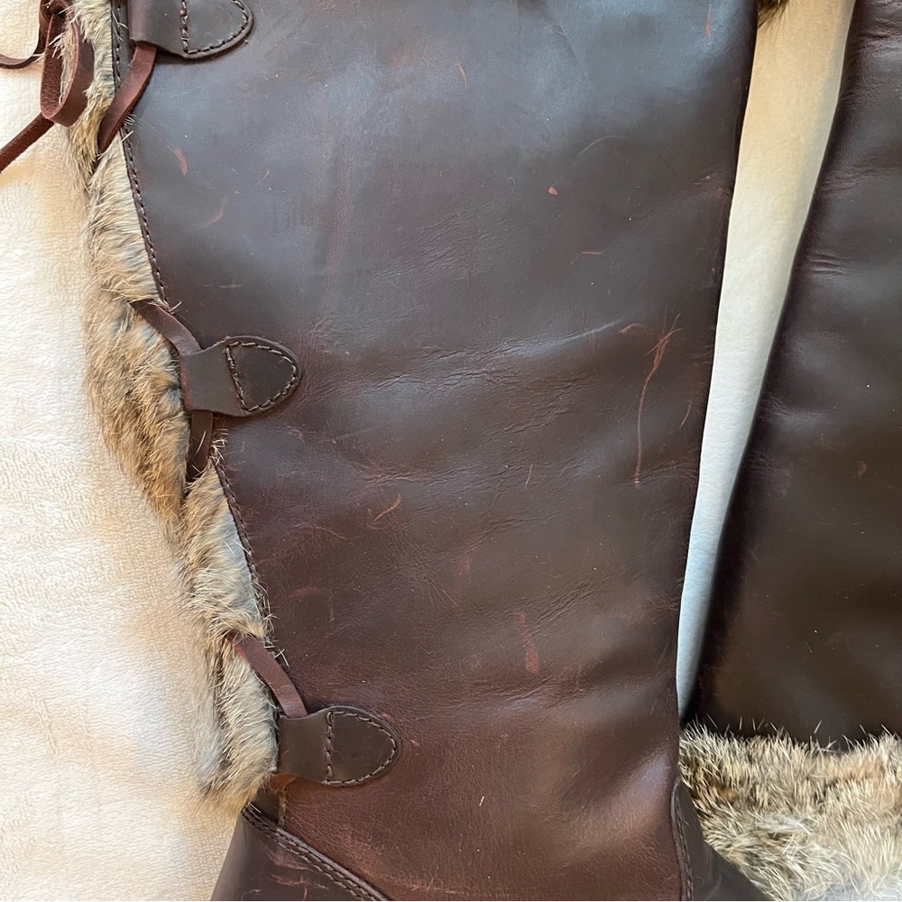 Cougar Brown Rabbit Fur-Trimmed Knee-High Leather Laced Boots - Picture 8 of 14